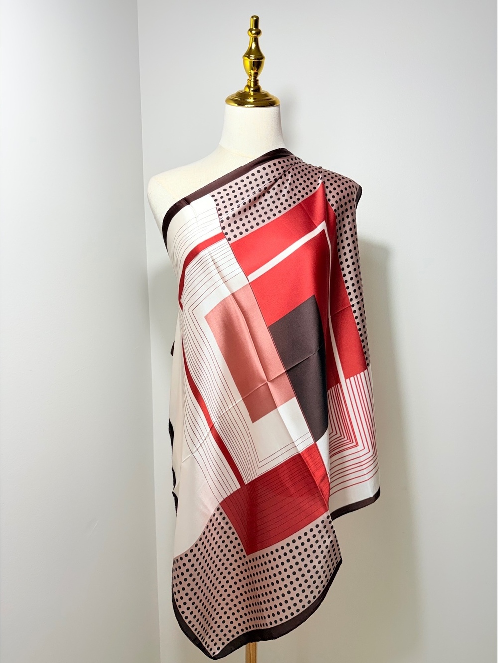 Elegant Geometric Pattern Scarf in Red, White, Brown, and Black – Lightweight,